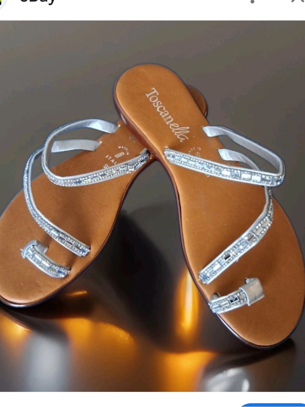 NWOT Toscanella Italian Silver Beaded Toe-Loop Sandals - Silver/Brown, Size 7.5